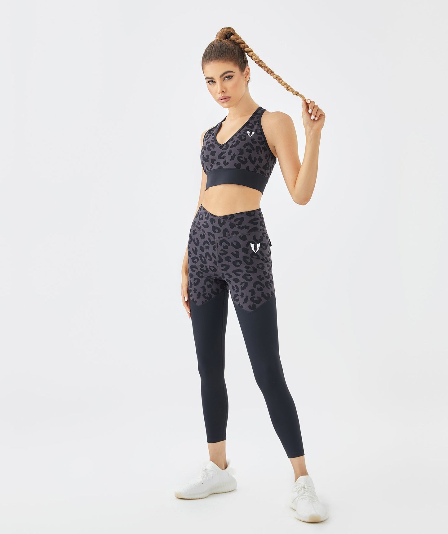 Deep V Leopard Sports Bra In Dark Grey