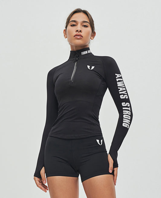 Half Zip Long Sleeve Top - Black