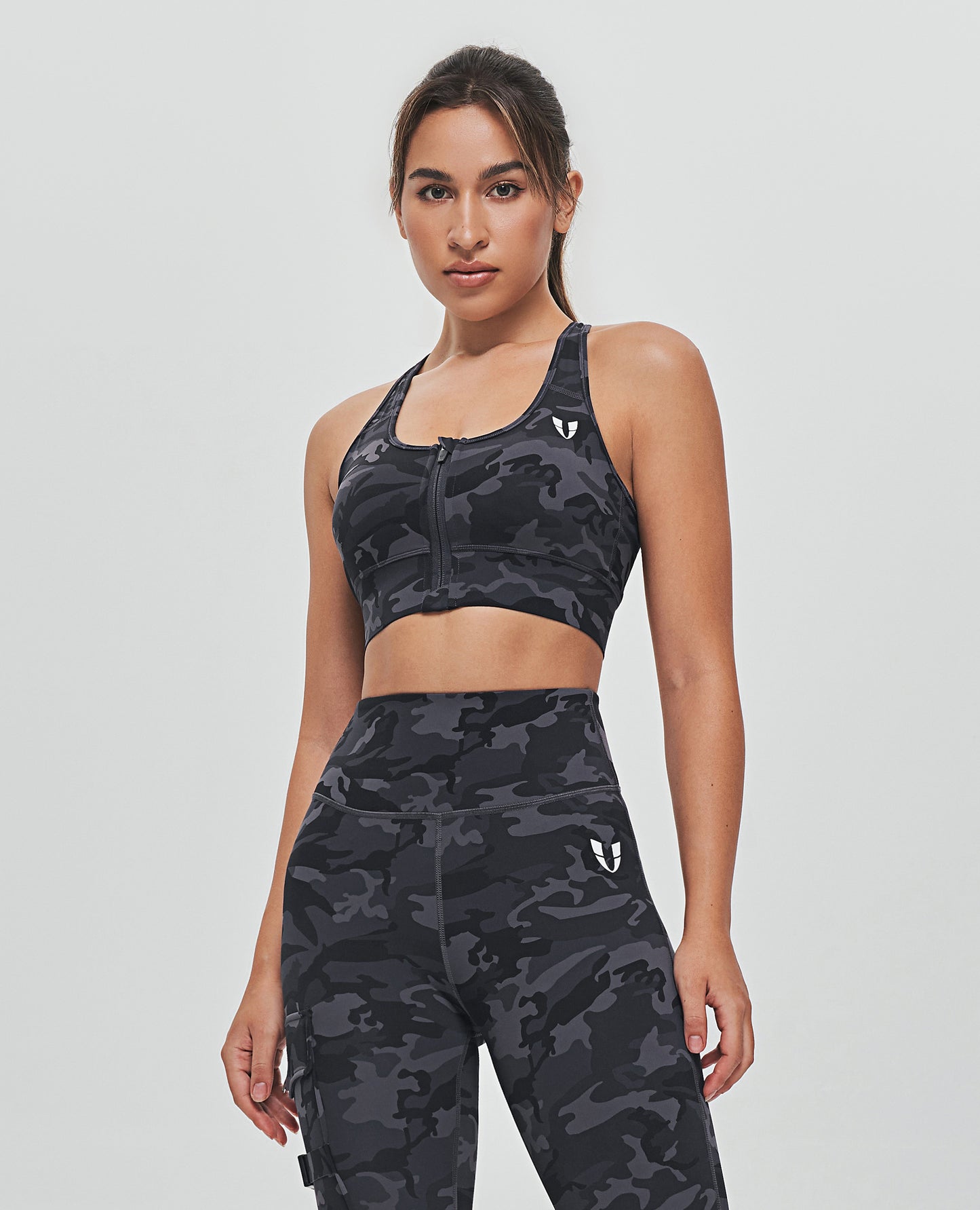 Zip Front Sports Bra - Gray Camo