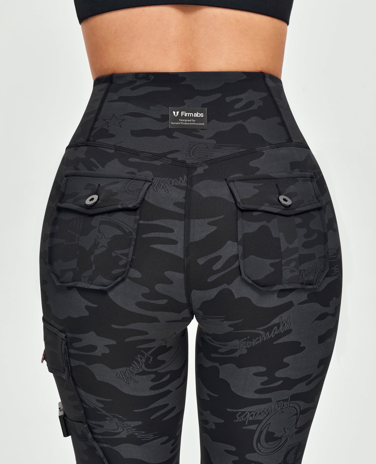 Cargo Fitness Leggings - Black Gray Camo