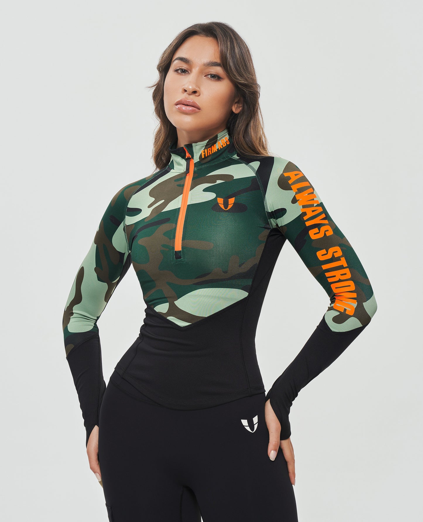 Half Zip Long Sleeve Top - Green Camo